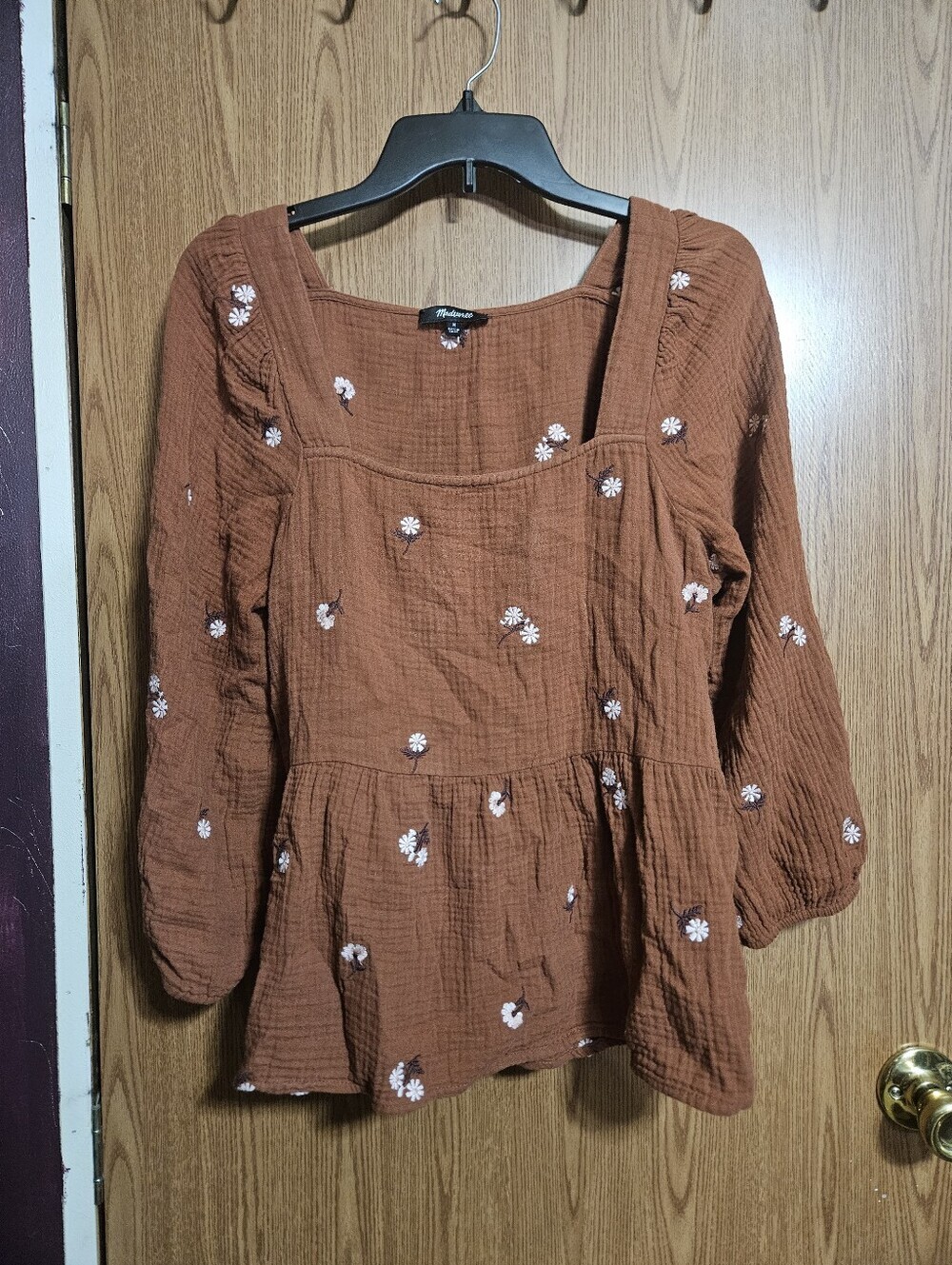 Madewell Amie Floral Embroidered Lightspun Millbrook Puff-Sleeve Peplum Top MED!